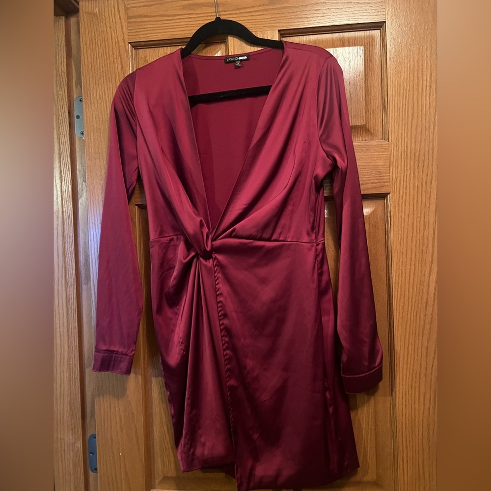BRAND NEW Red Satin Dress with long sleeves, flowy at the bottom.